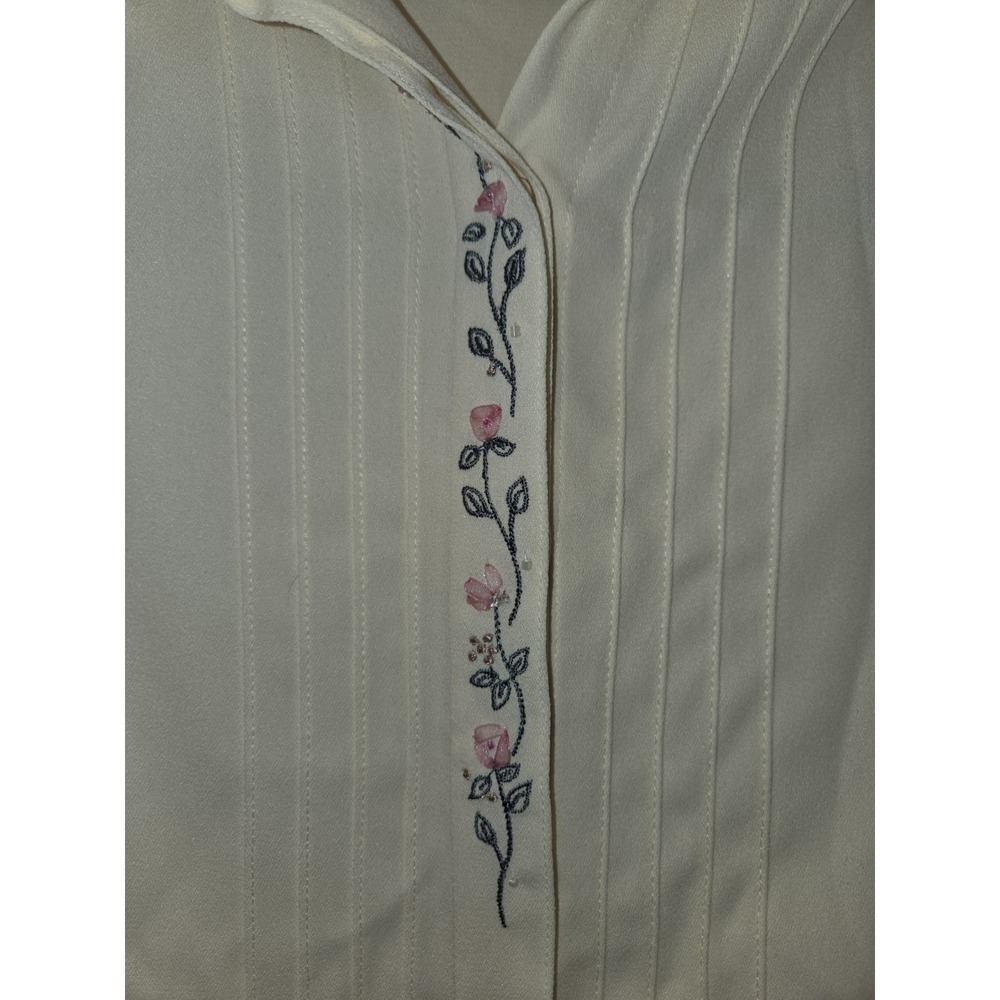 Vintage Koret Size 18 Pleated Long Sleeve Floral Embroidery Blouse Cream Pink